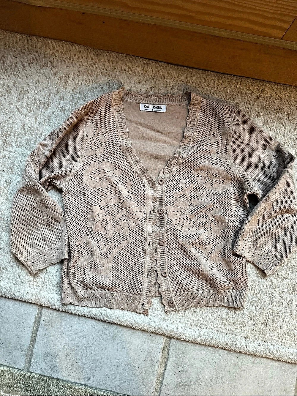 Kate Kasin Floral Knit Cardigan Gray Small